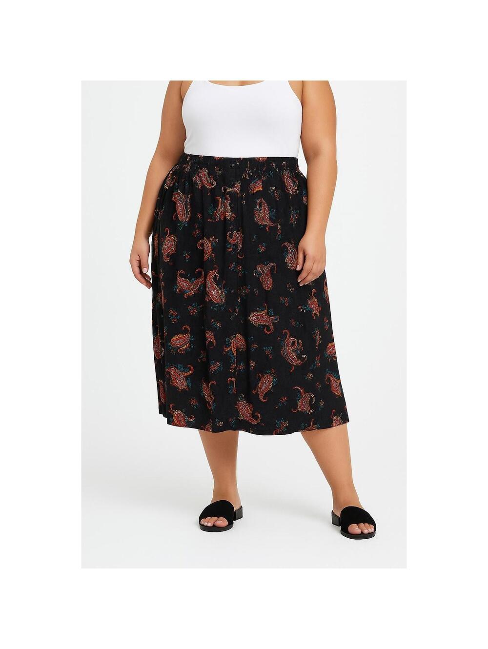 Torrid Skirt Womens Size 2 Black Paisley Print Elastic Waist Colorful Boho Chic